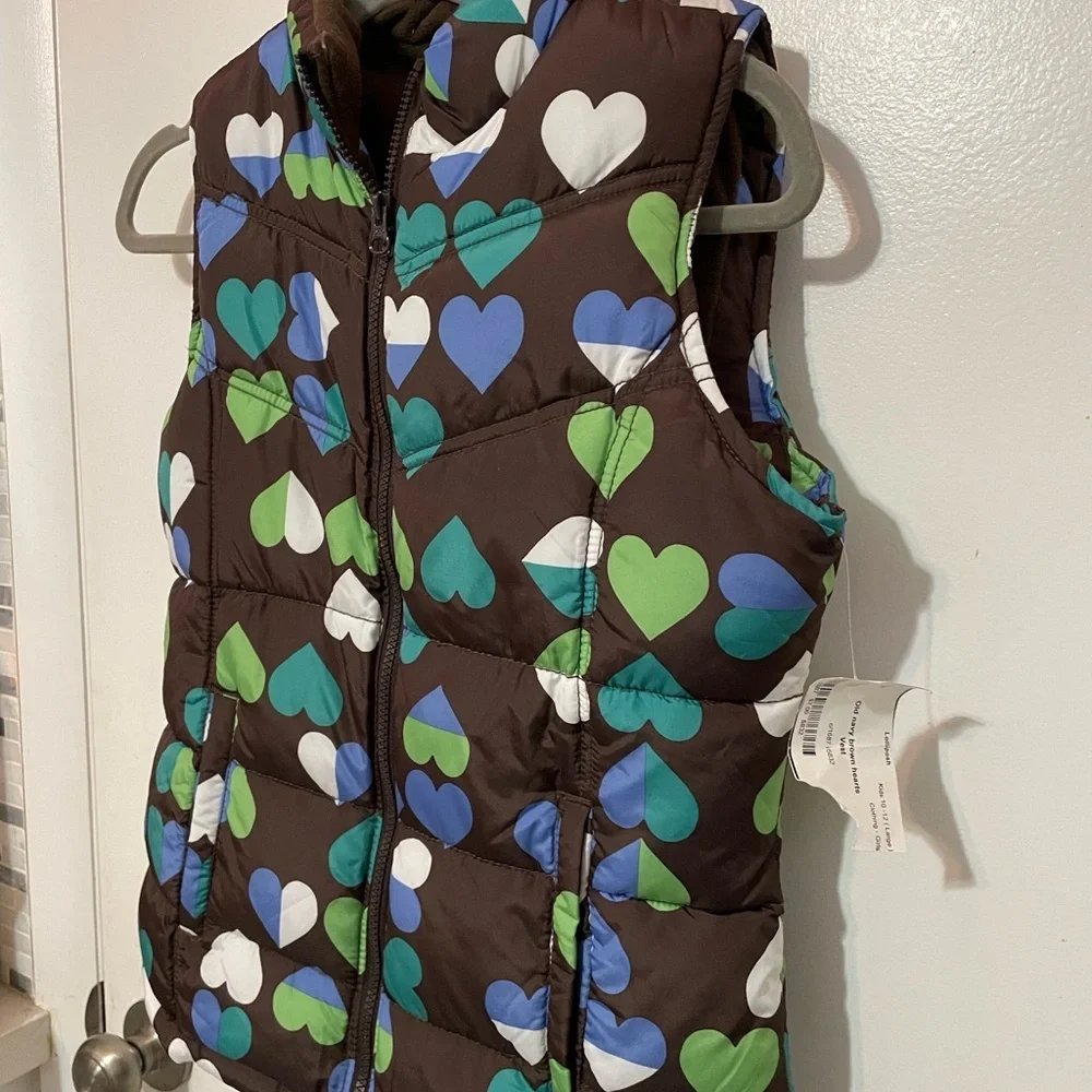 Old Navy Girls XXL 16 full zip Hearts print puffer Vest fleece lined new w tag